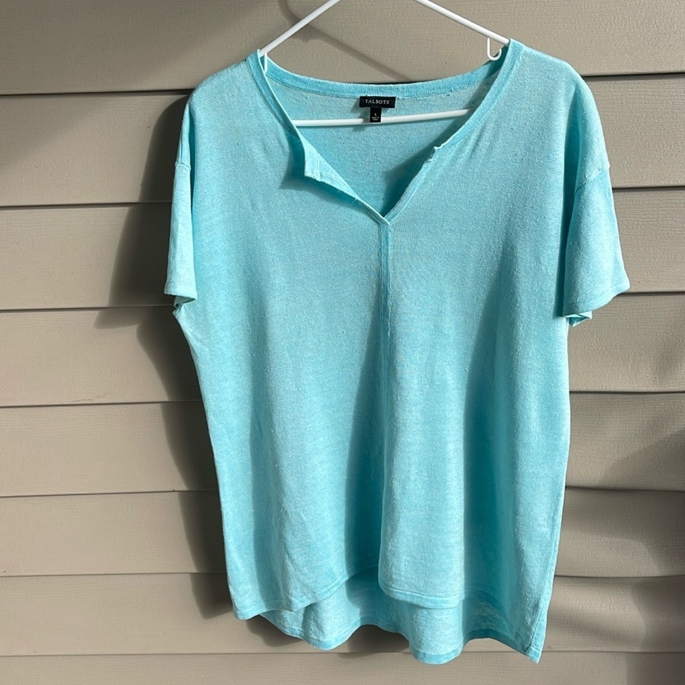 Talbots Petites Women's Large‎ Sweater Short Sleeve Turquoise Linen Lagenlook